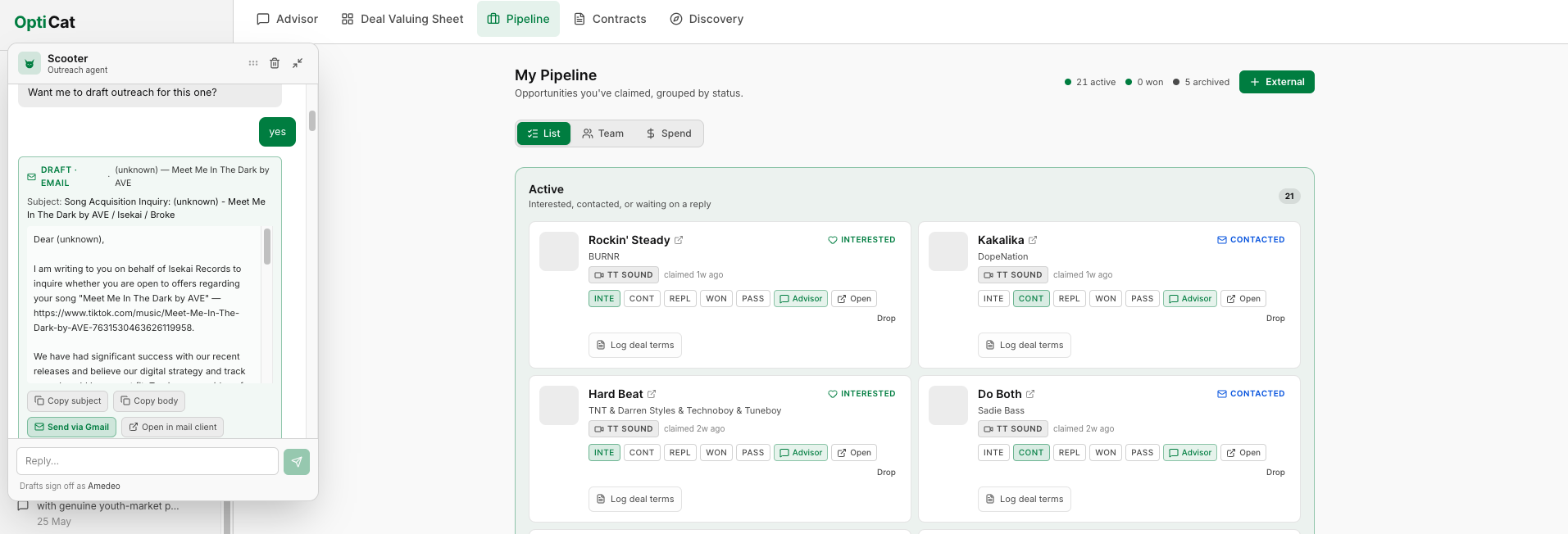 OptiCat pipeline with an AI outreach agent drafting deal emails